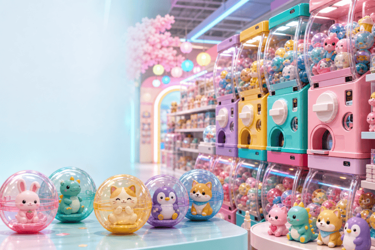Machines à capsules japonaises colorées avec jouets kawaii pour illustrer la différence entre gachapon et GASHAPON